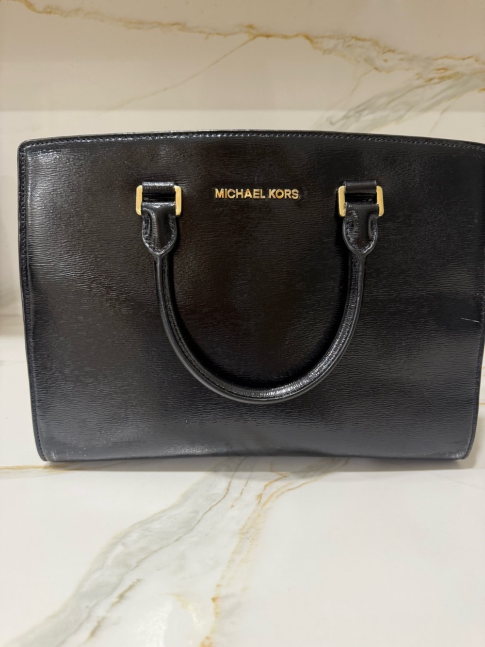 Michael Kors Black Leather Top-Handle Satchel with Gold Hardware